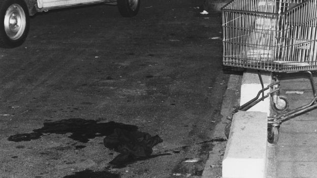 Une photto prise après le hold up sanglant dans une grande surface de Braine-l'Alleud, le 27 aout 1985.