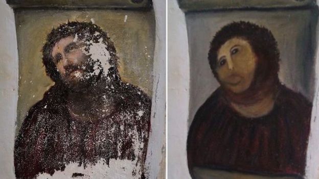 La Christ de Borja, avant, et après sa restauration.
